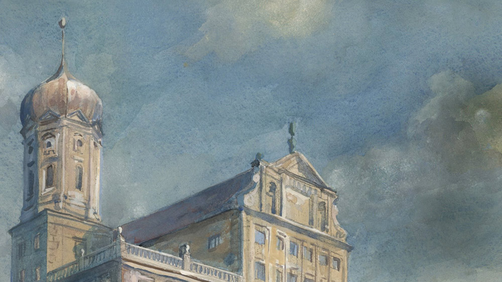 Ausschnitt aus einem Aquarell Wolfgang Letts. Er zeigt den linken Turm und Giebel des Augsburger Rathauses.